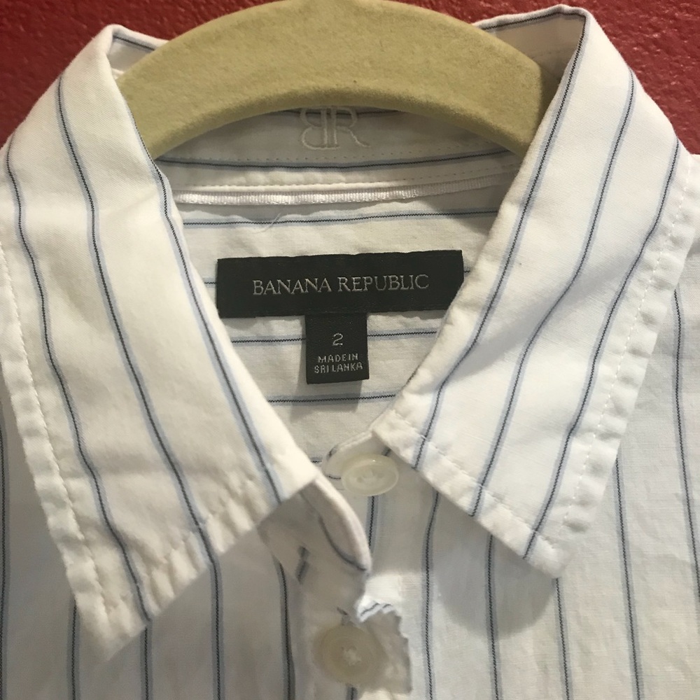 BR white w/ blue & black striped button up shirt